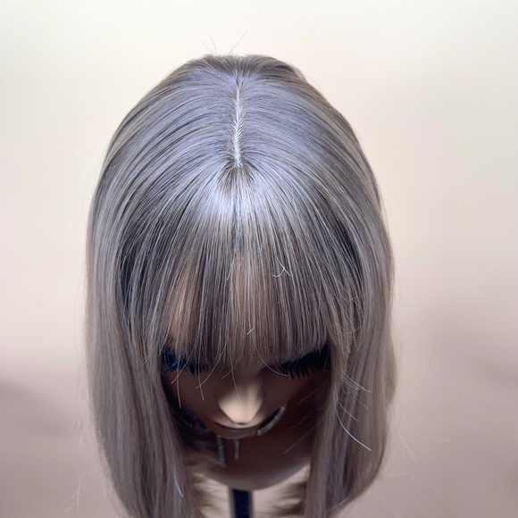 6082-16”Ombre Dark Brown Root to Ash Blond Curved Bottom Wig - Picture 7 of 11